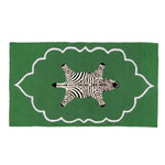 Top view of a Royal Zebra Hand Tufted Wool Rug in green, featuring a bold zebra design in the center. This area rug is perfect for large living rooms or offices, adding a vintage touch with its unique pattern.