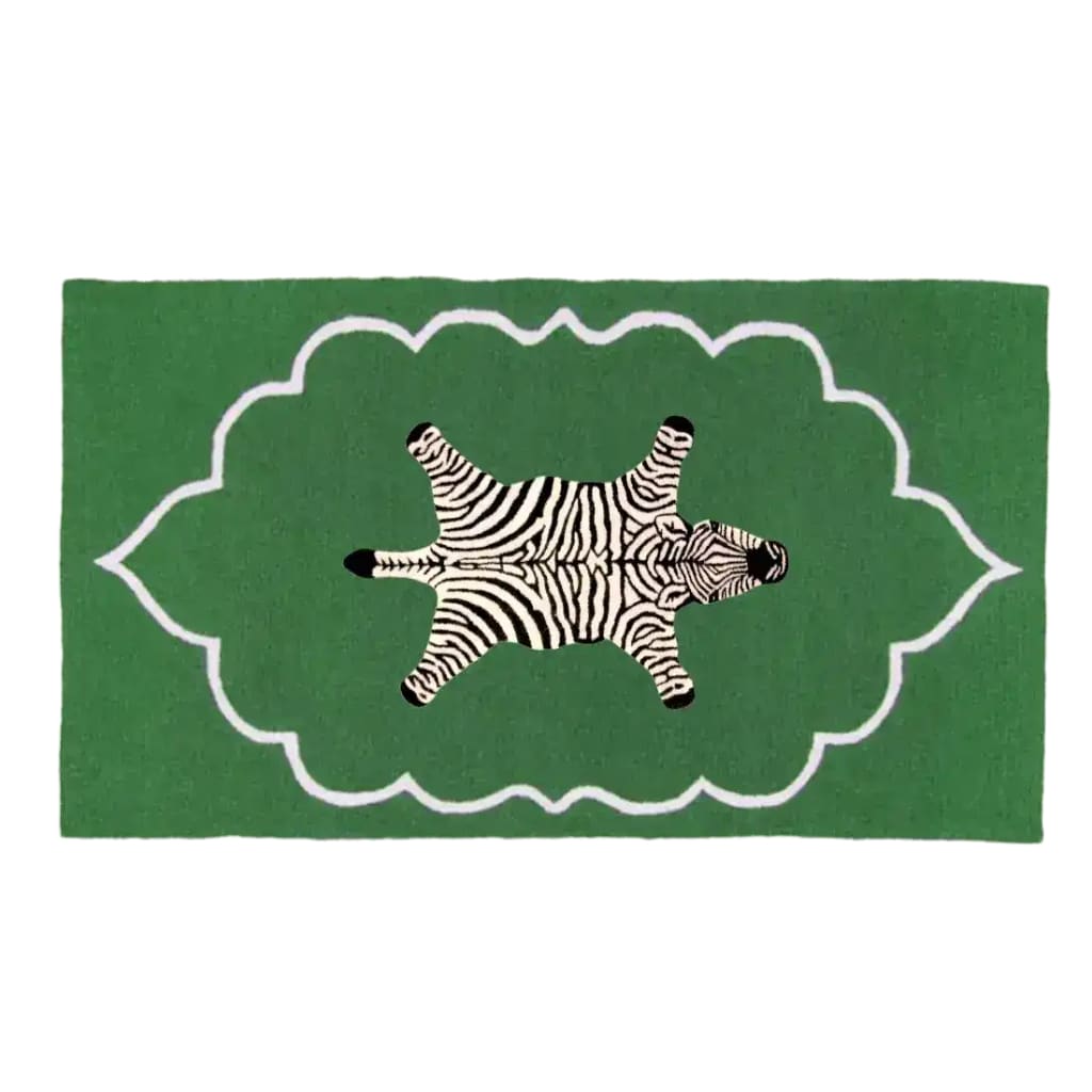 Top view of a Royal Zebra Hand Tufted Wool Rug in green, featuring a bold zebra design in the center. This area rug is perfect for large living rooms or offices, adding a vintage touch with its unique pattern.