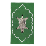 The Royal Zebra Hand Tufted Wool Rug in green features a striking zebra pattern at the center, set against a rich green backdrop. This area rug is perfect for large living rooms or offices, adding a touch of vintage charm to any space. Its wool construction ensures durability and comfort, making it an ideal choice for rugs in the living room.