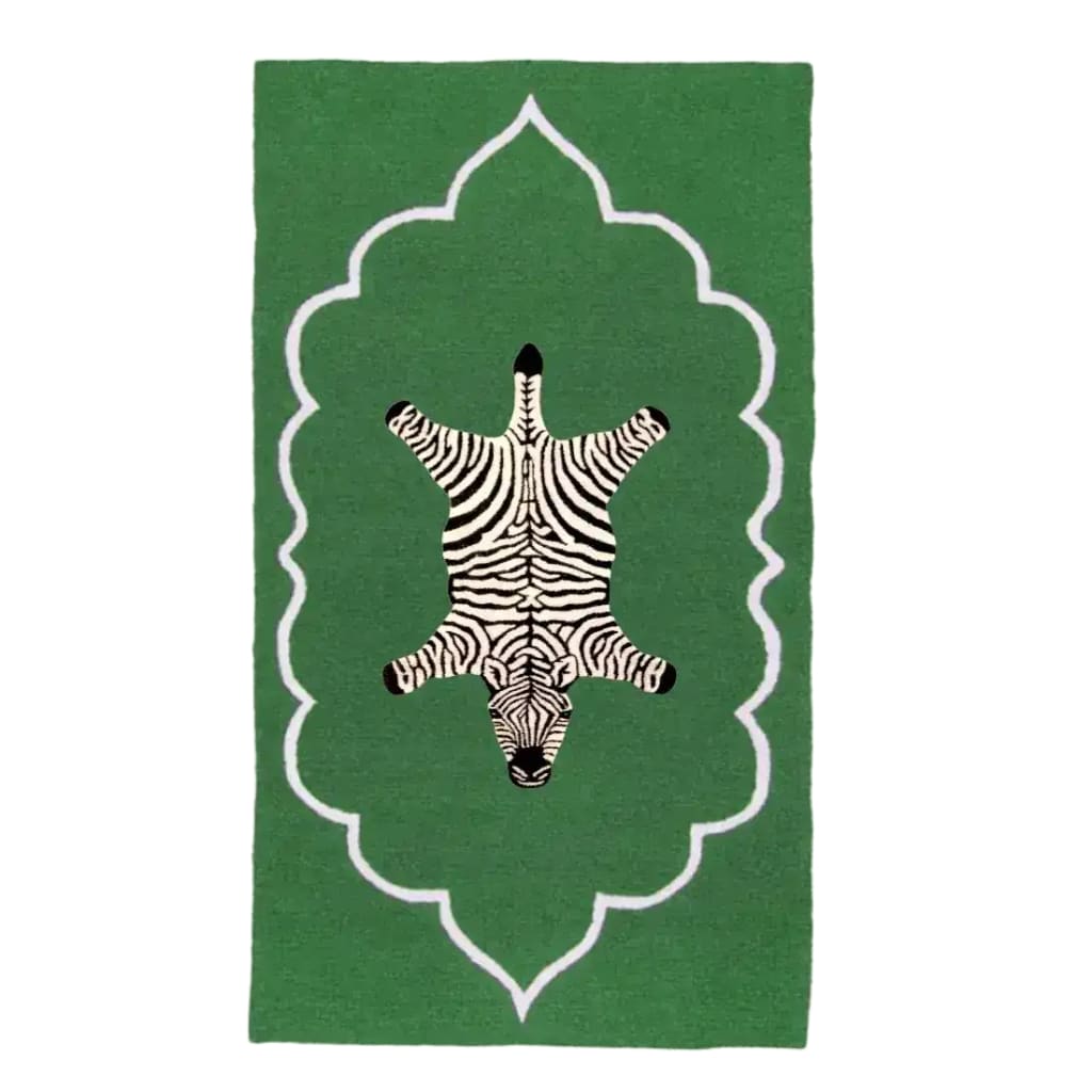 The Royal Zebra Hand Tufted Wool Rug in green features a striking zebra pattern at the center, set against a rich green backdrop. This area rug is perfect for large living rooms or offices, adding a touch of vintage charm to any space. Its wool construction ensures durability and comfort, making it an ideal choice for rugs in the living room.
