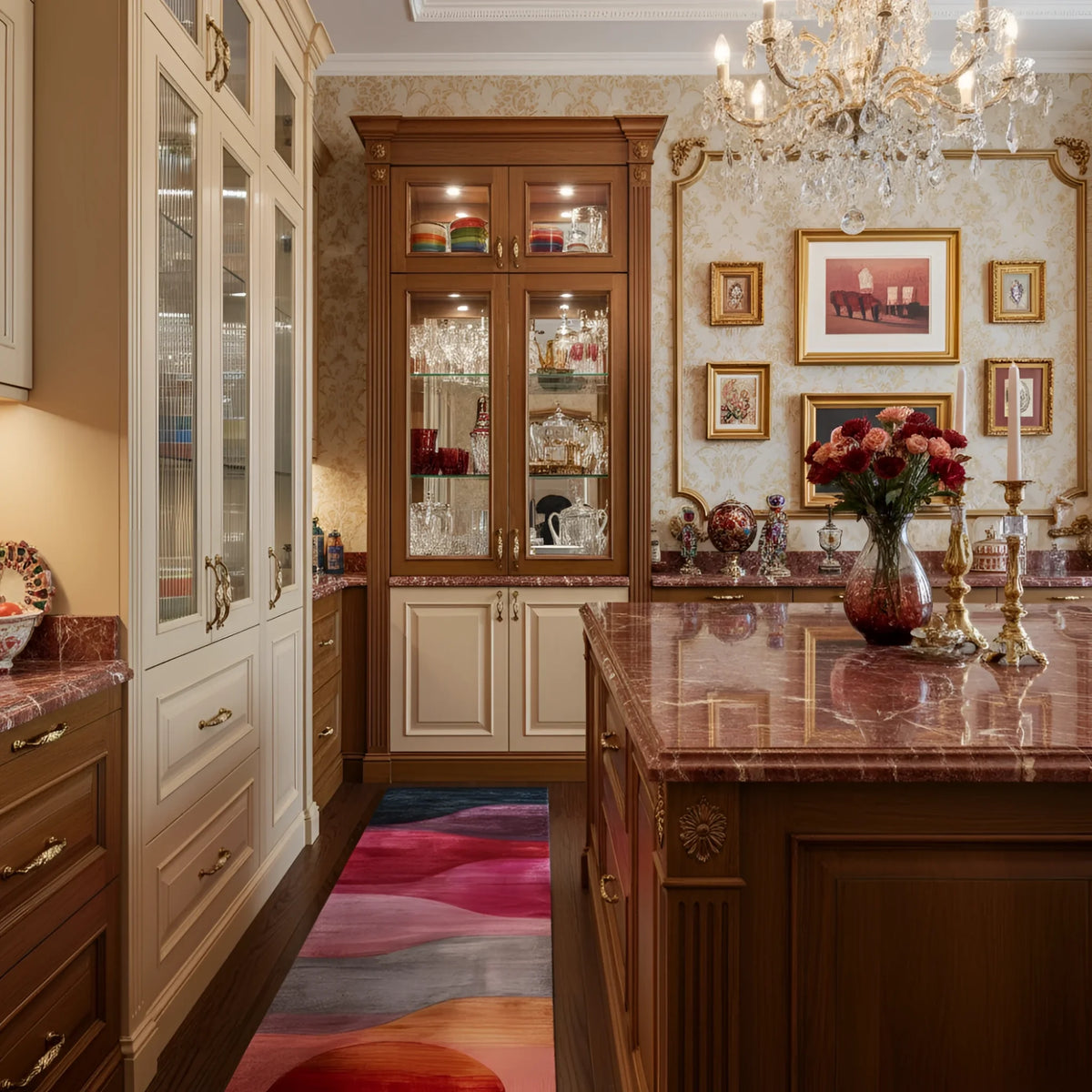 Ruby Color Play runner in a classic kitchen, pink and ruby watercolor wave layers on wood floor