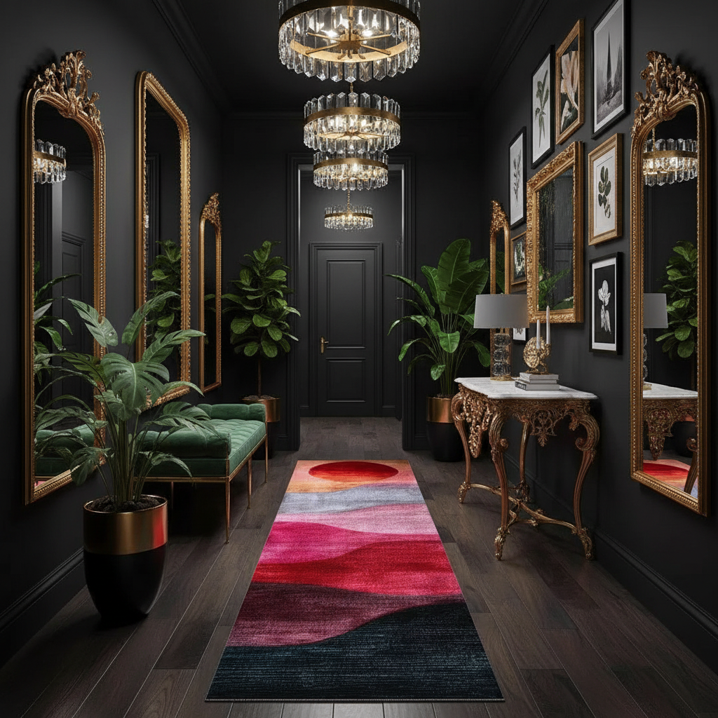 Ruby Color Play runner in a dark hallway, abstract ruby and pink waves fading into deep navy