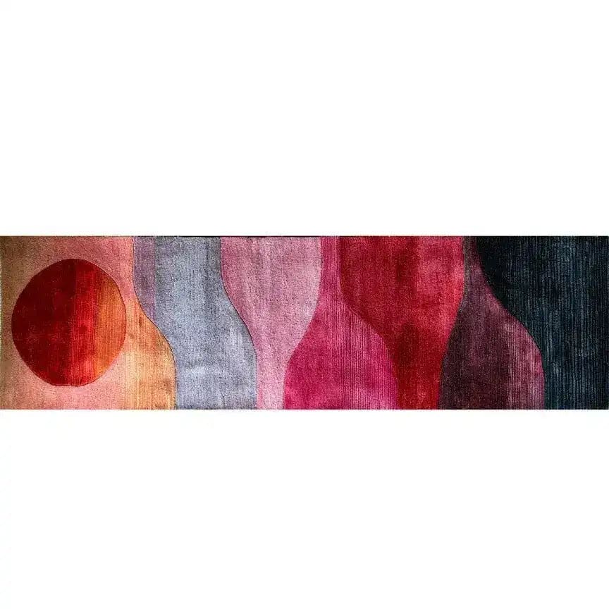 A vibrant Ruby Color Play Hand Tufted Wool Rug Runner featuring an abstract design with red, purple, and black hues. Ideal as an area rug for kitchens, living room rugs 8x10, or a hallway runner rug. This contemporary wool rug adds a splash of color to any living room or office space.