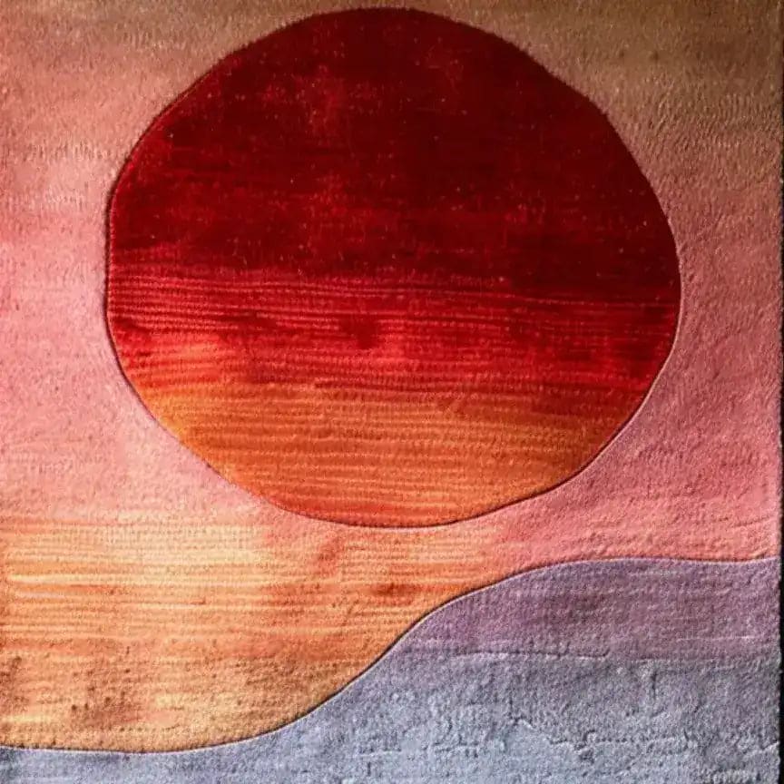 A vibrant Ruby Color Play Hand Tufted Wool Rug Runner featuring an abstract design with a bold red circle against a gradient background of warm pinks and cool blues. Perfect as an area rug for a living room, office, or hallway runner rug, this contemporary wool rug adds a touch of elegance to any space.