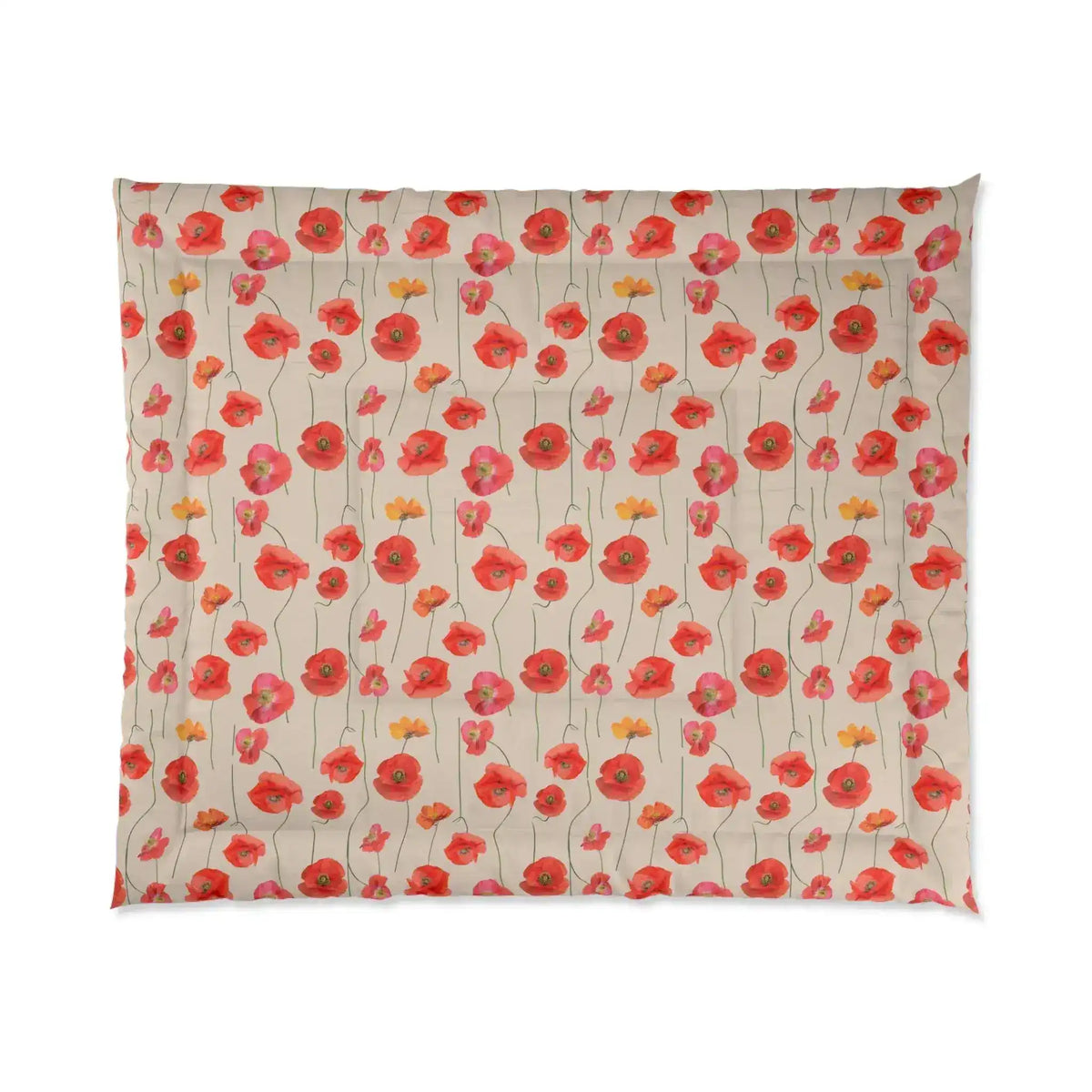 Ruby Romance comforter laid flat, cream ground scattered with red and pink poppies