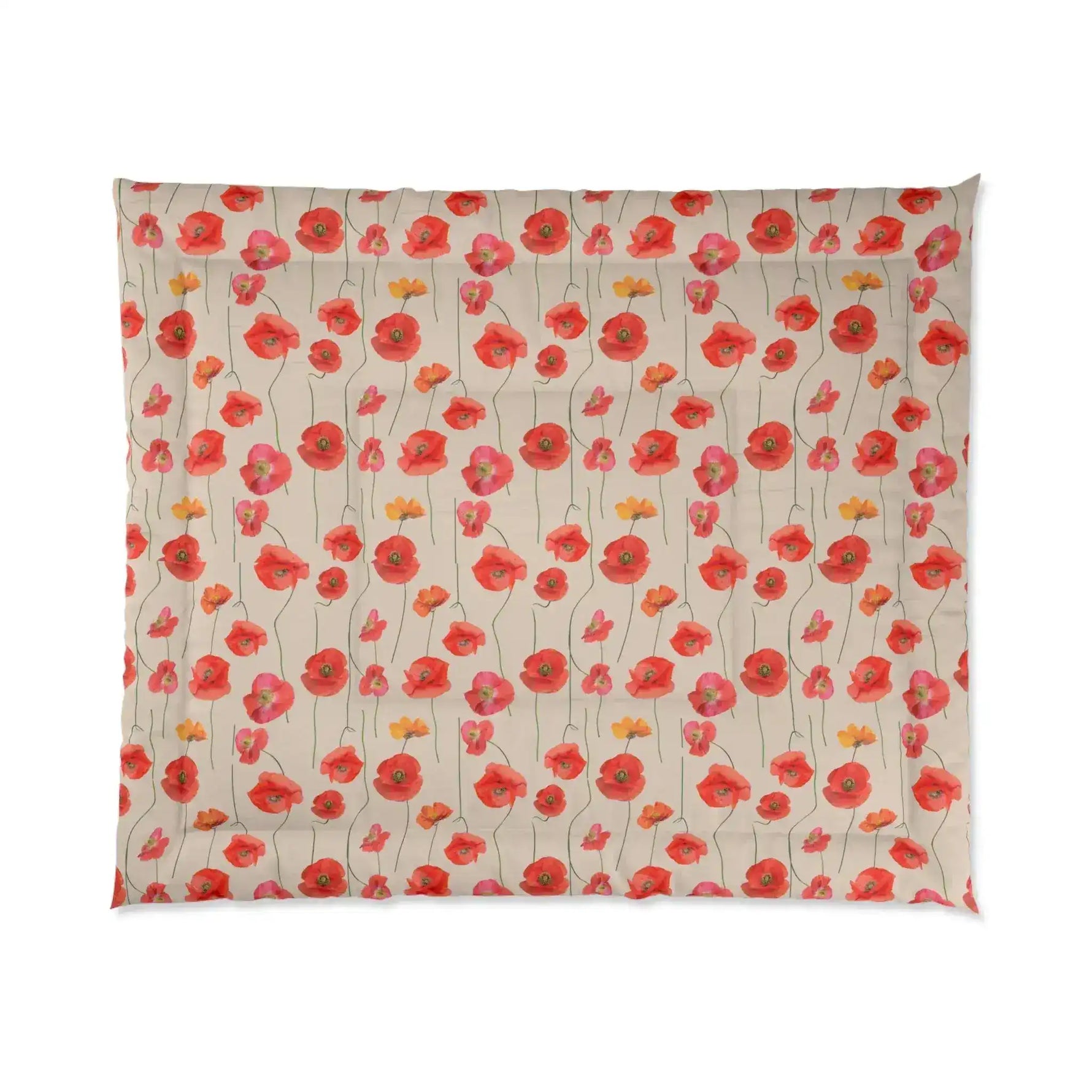 Ruby Romance comforter laid flat, cream ground scattered with red and pink poppies
