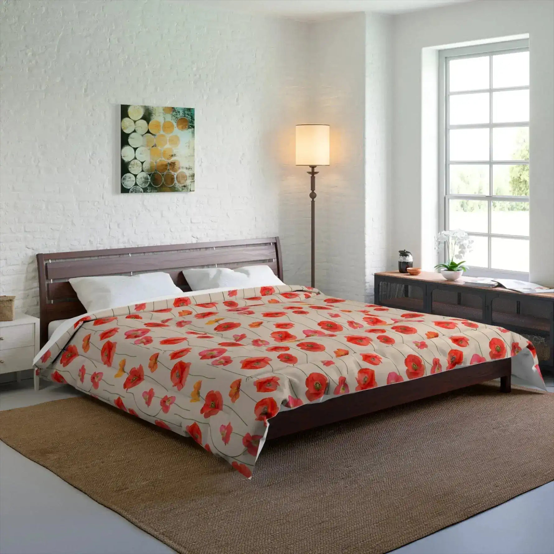 Ruby Romance poppy comforter on a bed with dark wood frame and brick wall
