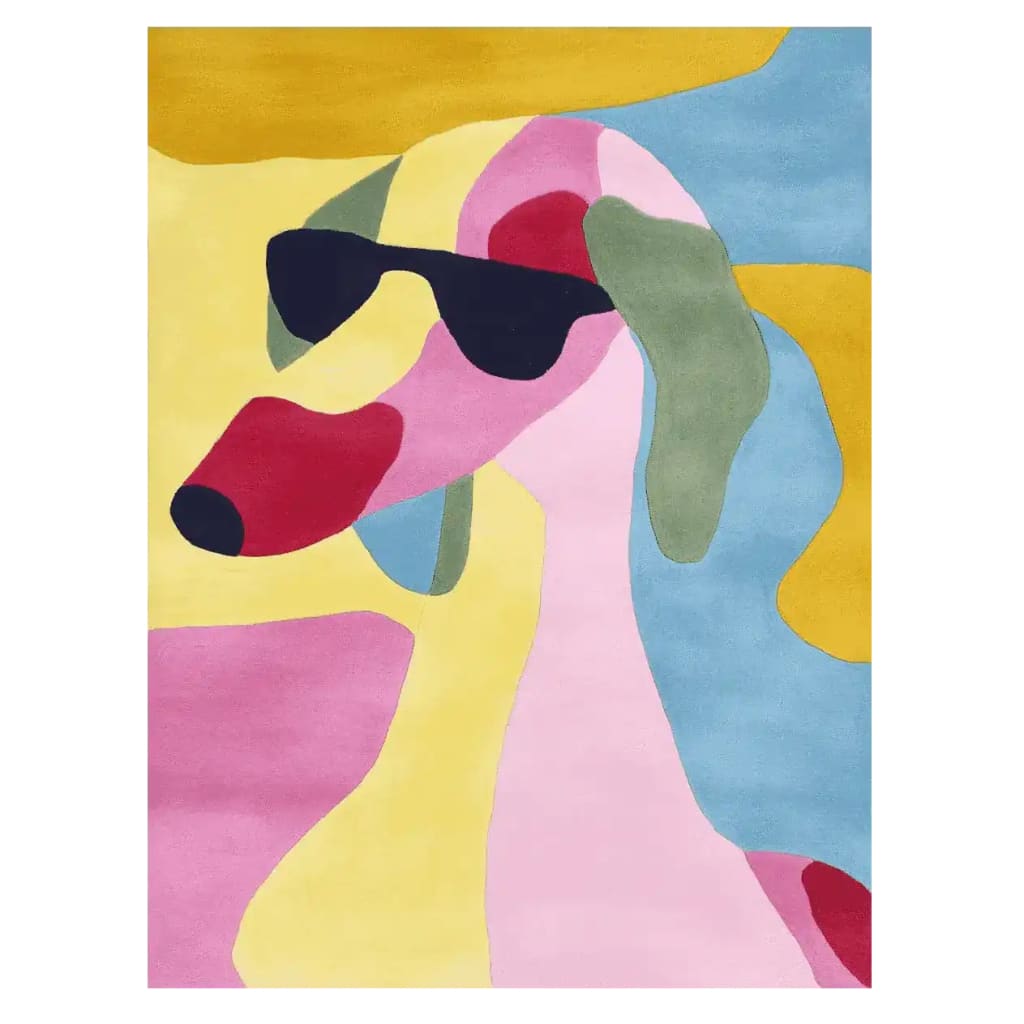 Vibrant and playful area rug featuring a colorful abstract design of a dog wearing sunglasses, perfect as a contemporary rug for modern living spaces. This wool rug offers a fun pop of color, making it an ideal choice for living room rugs in an 8x10 size.
