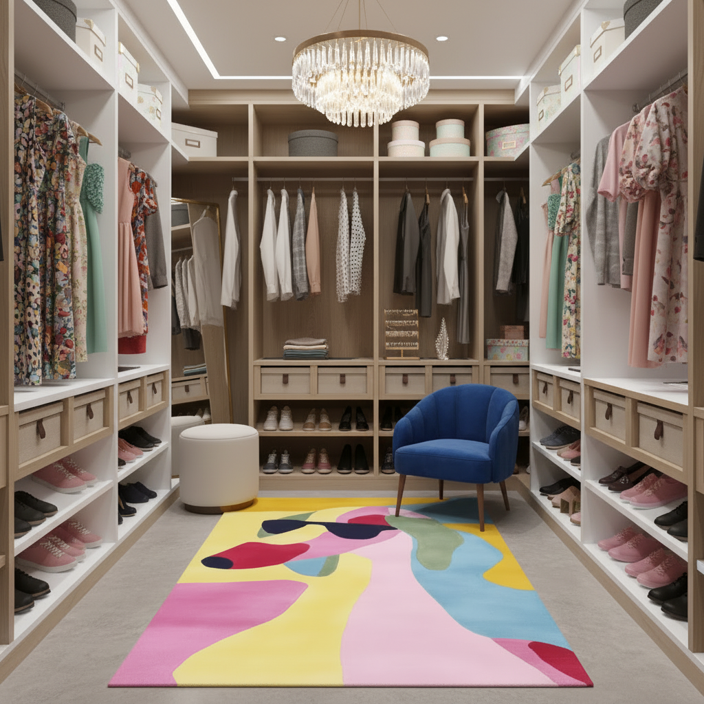 Modern walk-in closet with colorful rug, blue chair, and clothing racks.