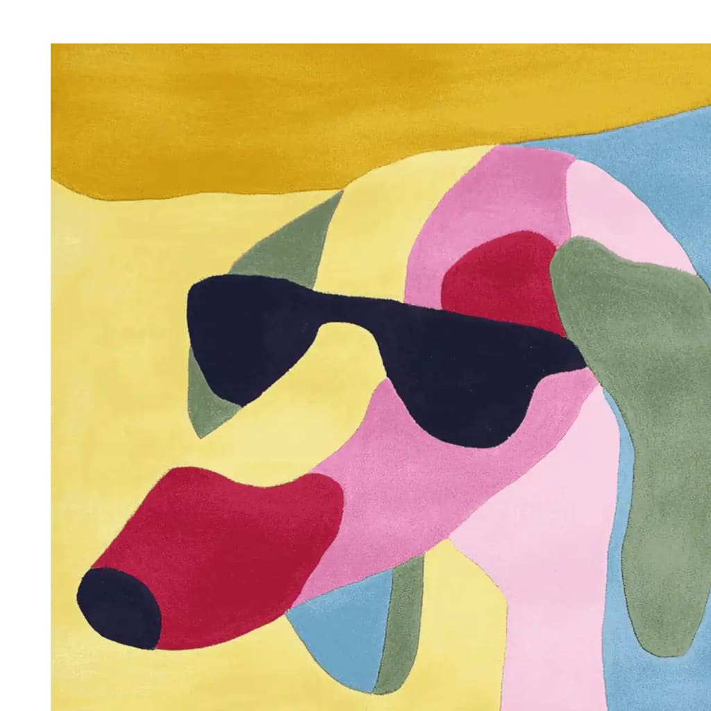 Vibrant area rug featuring an abstract design of a dog wearing sunglasses, crafted from wool, ideal for contemporary living rooms. This 8x10 hand-tufted rug combines a playful mix of colors including yellow, pink, blue, and green, making it a standout piece for any modern decor.