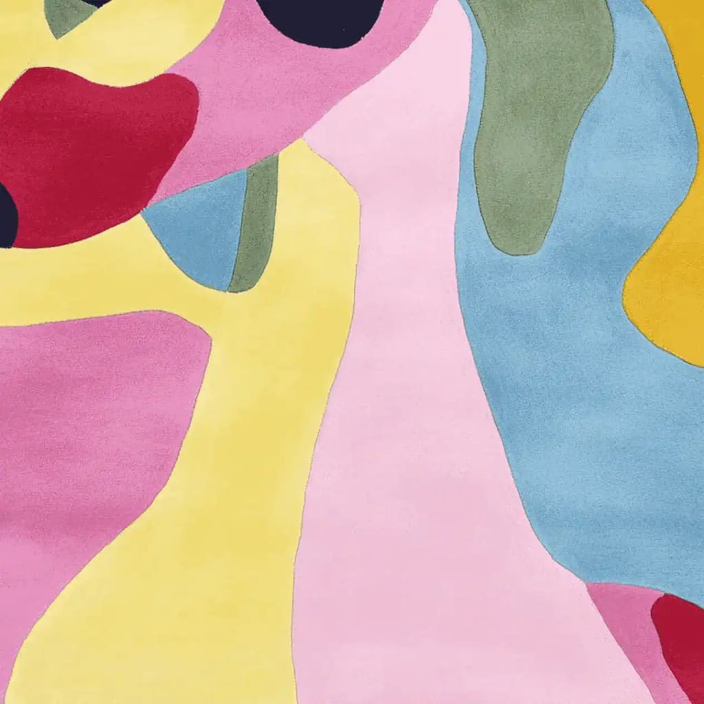 A vibrant, abstract design on an area rug featuring colorful swirls of pink, yellow, green, blue, and red. This contemporary wool rug is perfect for adding a splash of color to a living room. Ideal as a centerpiece for living room rugs 8x10.
