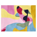 A vibrant and colorful area rug featuring an abstract design with bold patches of pink, yellow, red, blue, and green. This contemporary wool rug is perfect for adding a pop of color to any living room, especially in an 8x10 size.