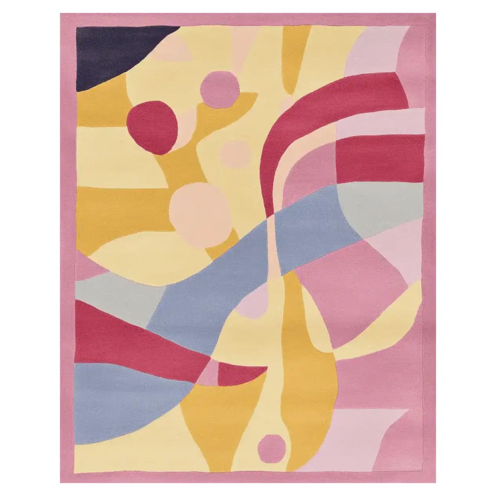 A vibrant and contemporary hand-tufted wool area rug featuring an abstract design with pastel colors. This large living room rug showcases a harmonious blend of pink, yellow, blue, and red shapes, making it an ideal choice for adding a modern touch to any living space.