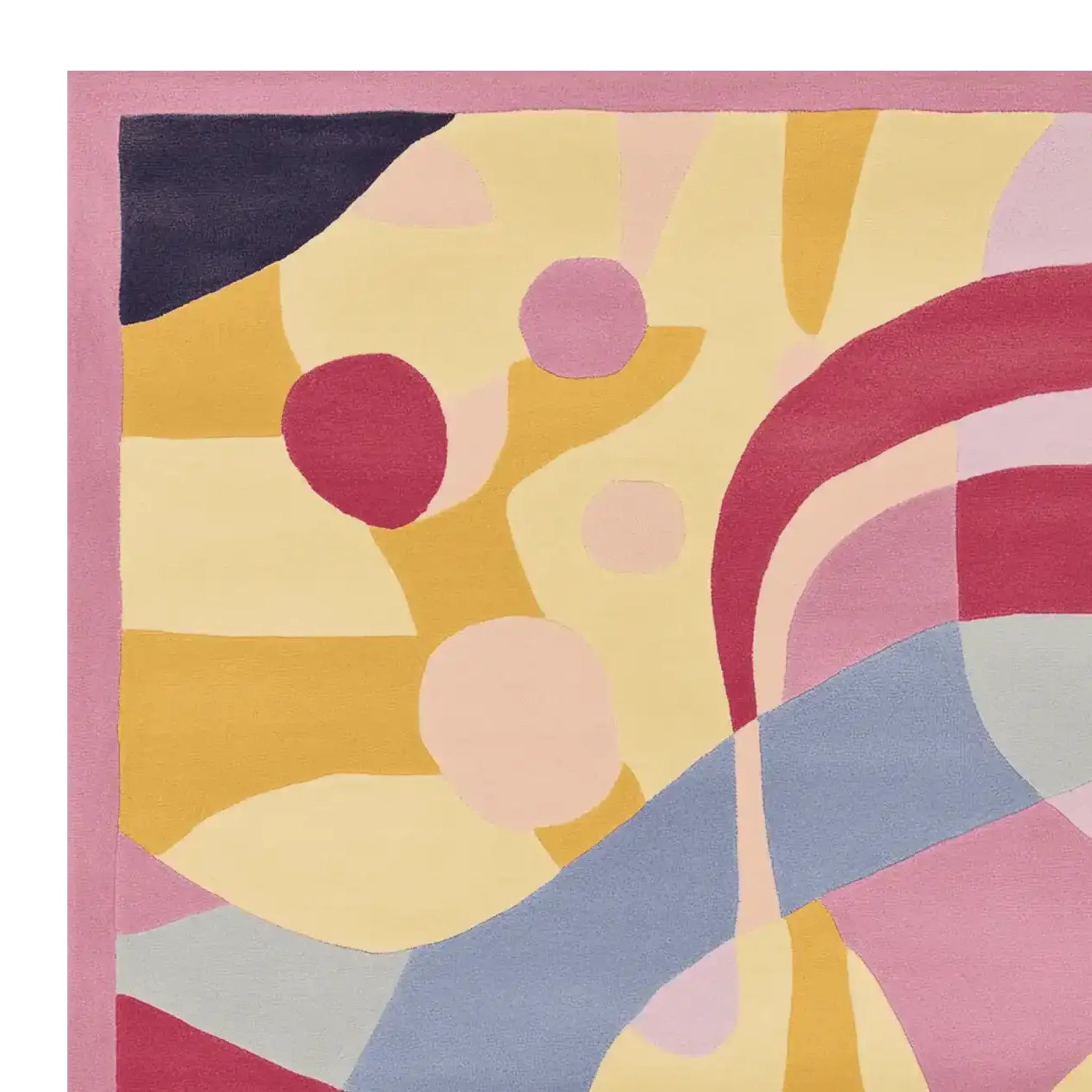 Colorful abstract design on a hand tufted wool area rug, showcasing vibrant shades of yellow, pink, red, and blue. Ideal for a contemporary living room, this large living room rug adds a pop of color and modern flair.