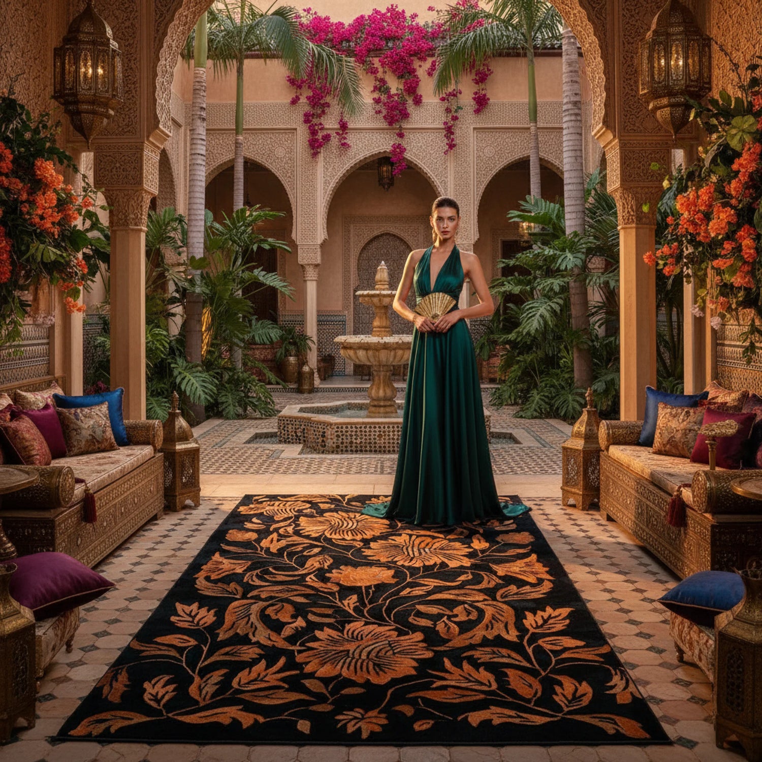 Woman in a green dress standing in a decorative courtyard with floral rug and architectural elements.