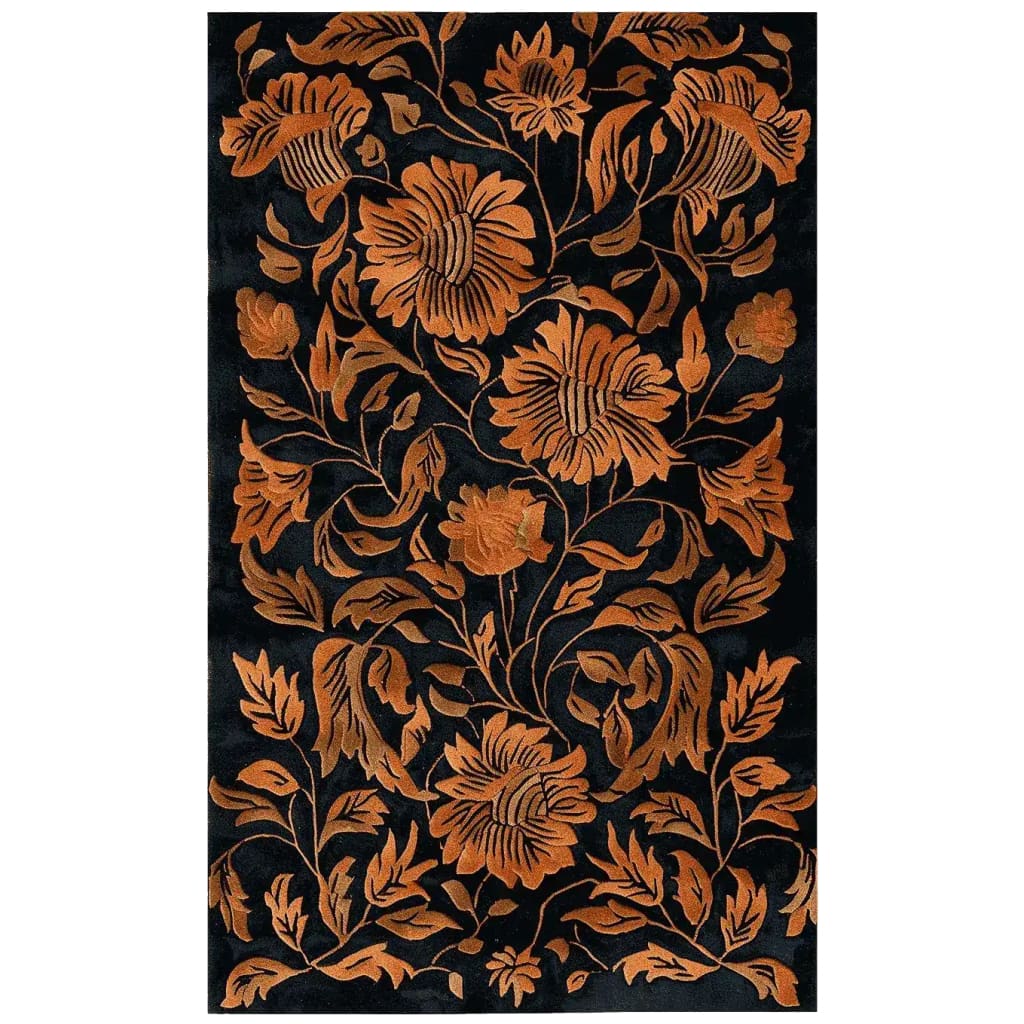 This Rust Reverie Hand Tufted Area Rug showcases an elegant floral design with rich rust tones on a deep black background. Ideal for adding a vintage touch to your living room, this wool rug combines timeless style with modern durability, making it a perfect choice for living room area rugs.