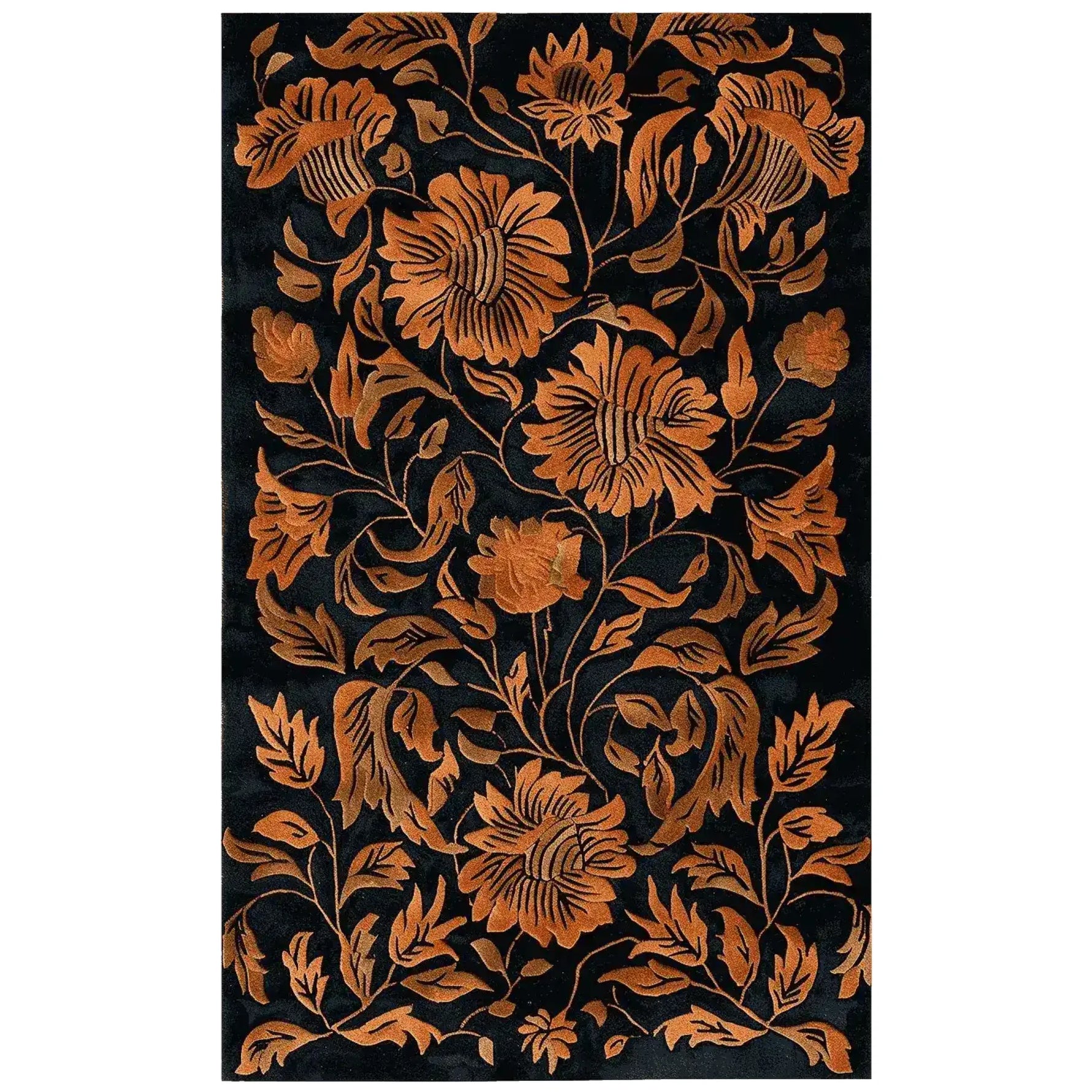 This Rust Reverie Hand Tufted Area Rug showcases an elegant floral design with rich rust tones on a deep black background. Ideal for adding a vintage touch to your living room, this wool rug combines timeless style with modern durability, making it a perfect choice for living room area rugs.