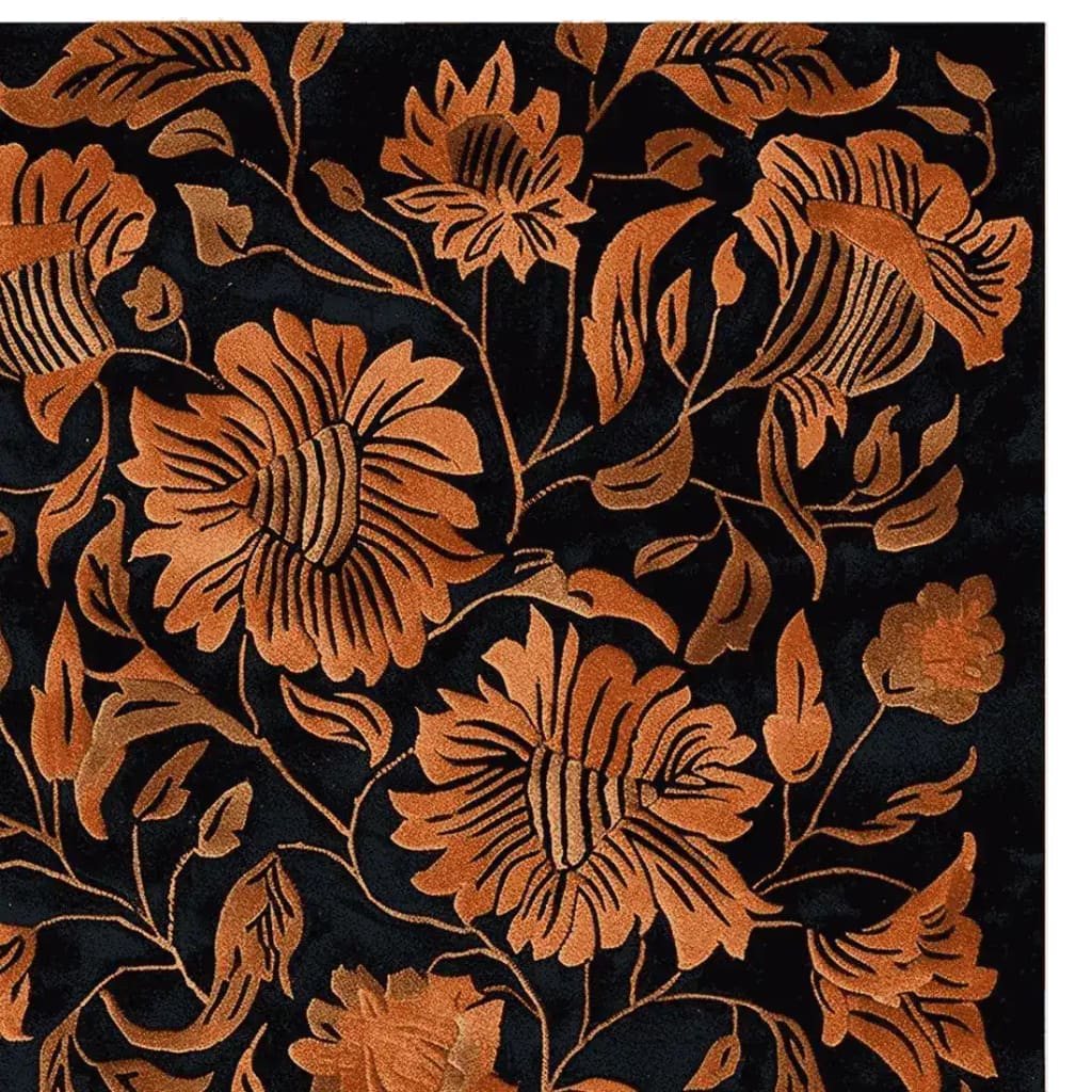 A close-up view of the Rust Reverie Hand Tufted Rug, a stunning area rug featuring an intricate floral pattern in warm rust tones against a deep black background. Perfect for adding a vintage touch to living room area rugs, this wool rug combines elegance with durability, making it an ideal choice for area rugs for living room decor.
