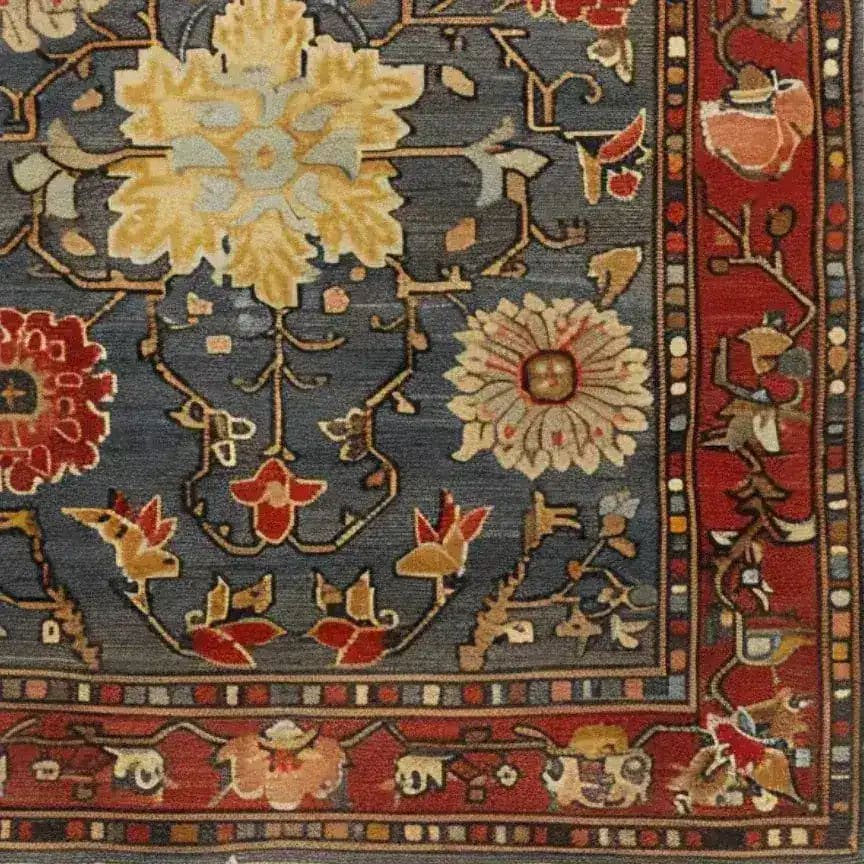 A beautifully detailed Rustic Elegance hand knotted area rug featuring intricate floral patterns set against a rich blue background. This vintage rug captures the essence of Persian rugs with its vibrant colors and elegant design, perfect for enhancing living room spaces with a touch of sophistication.