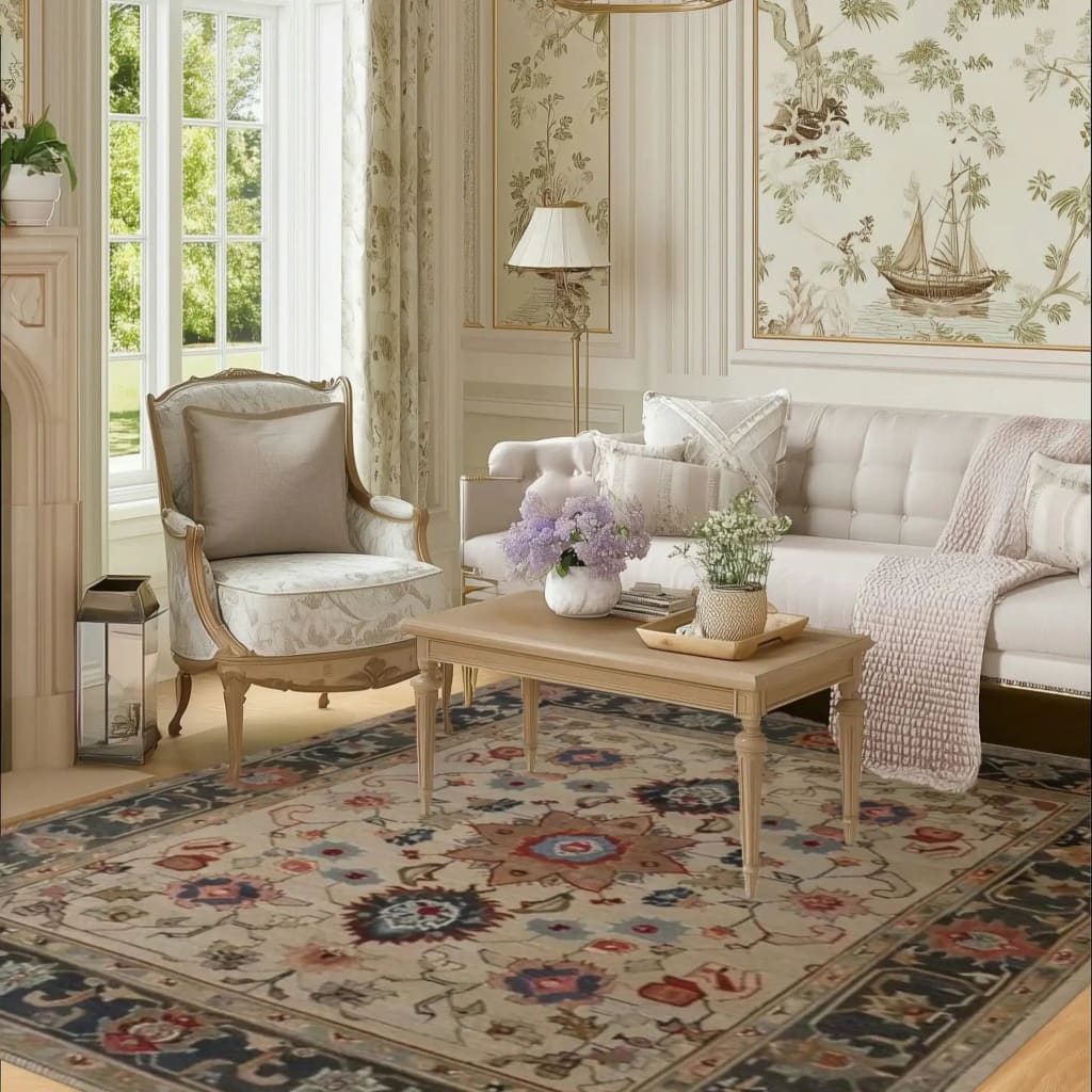 Living room with floral traditional rug, sofa, armchair, and coffee table.
