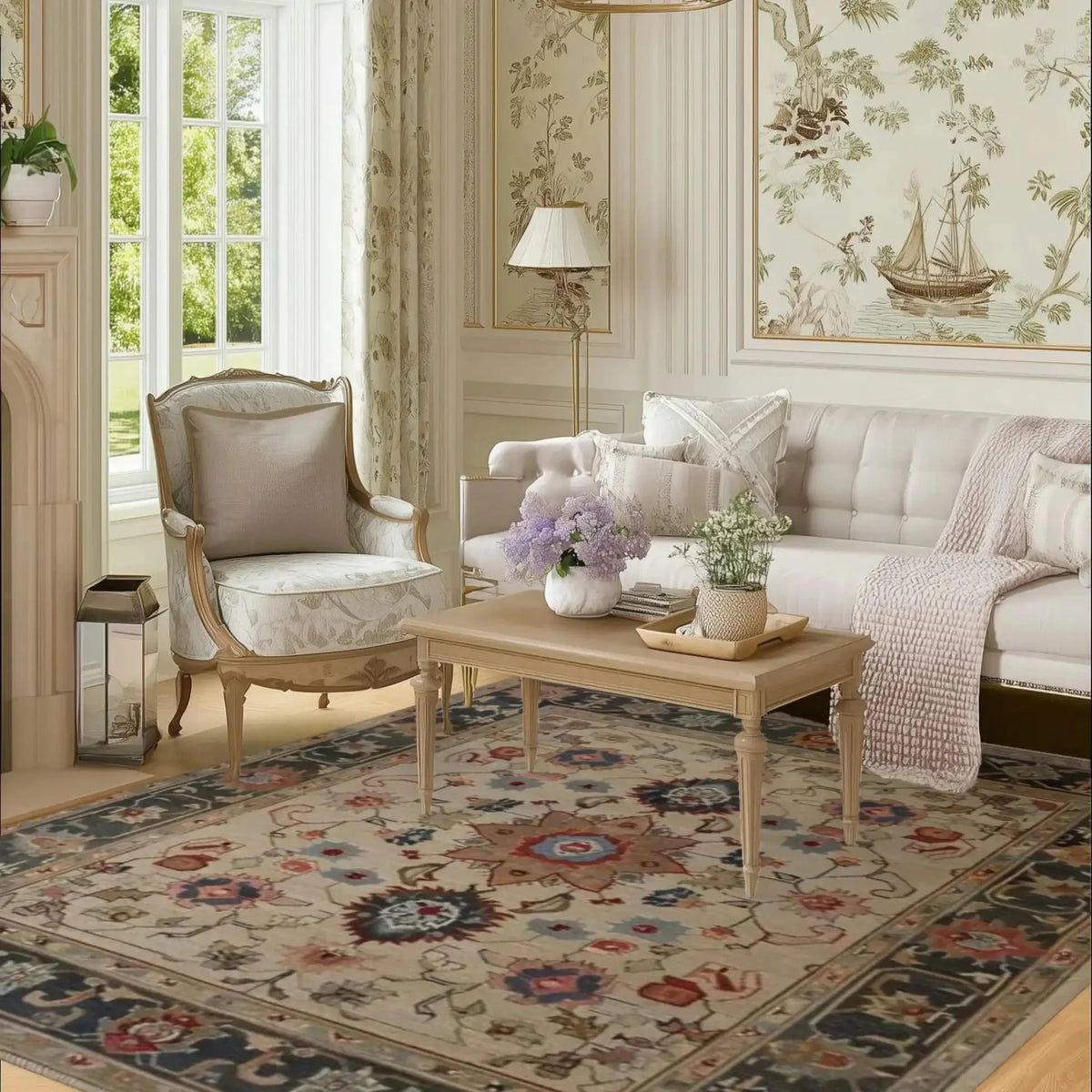 Living room with floral traditional rug, sofa, armchair, and coffee table.