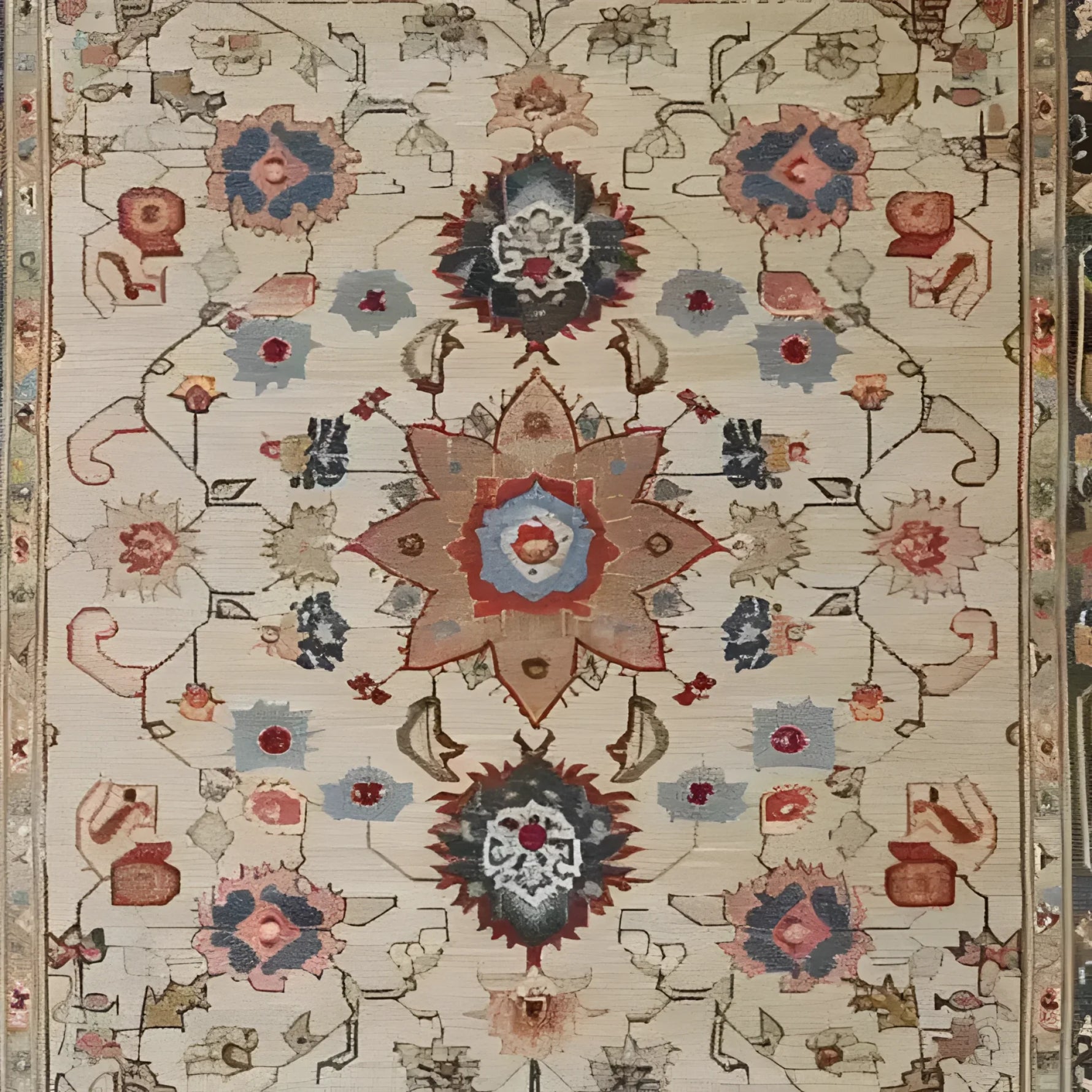 This image showcases a beautifully intricate Rustic Floral Design Hand Knotted Area Rug, perfect for large living room spaces. The vintage rug features an exquisite floral pattern with rich colors, reminiscent of traditional Persian rugs. Ideal for those seeking elegant living room area rugs with a timeless appeal.