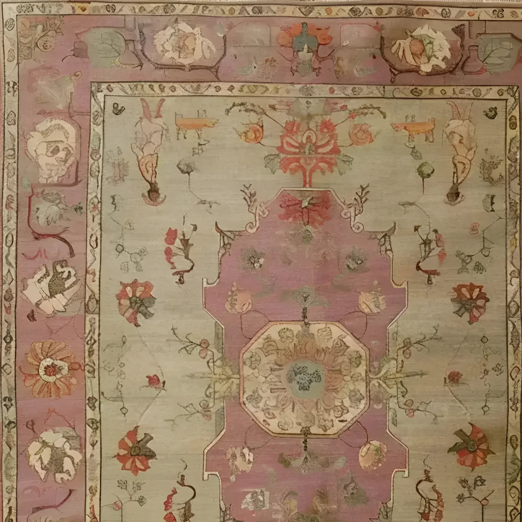 A beautifully crafted Rustic Heritage Hand Knotted Area Rug featuring intricate vintage designs. The rug showcases a harmonious blend of soft pastel colors, with floral and ornate patterns typical of Persian rugs, perfect for adding elegance to any living room.