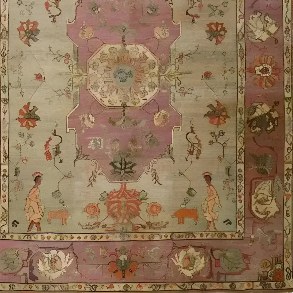 This Rustic Heritage Hand Knotted Area Rug features a vintage design with intricate floral and ornate patterns, perfect for adding elegance to any living room. The Persian rug showcases a harmonious blend of earthy tones with detailed craftsmanship.