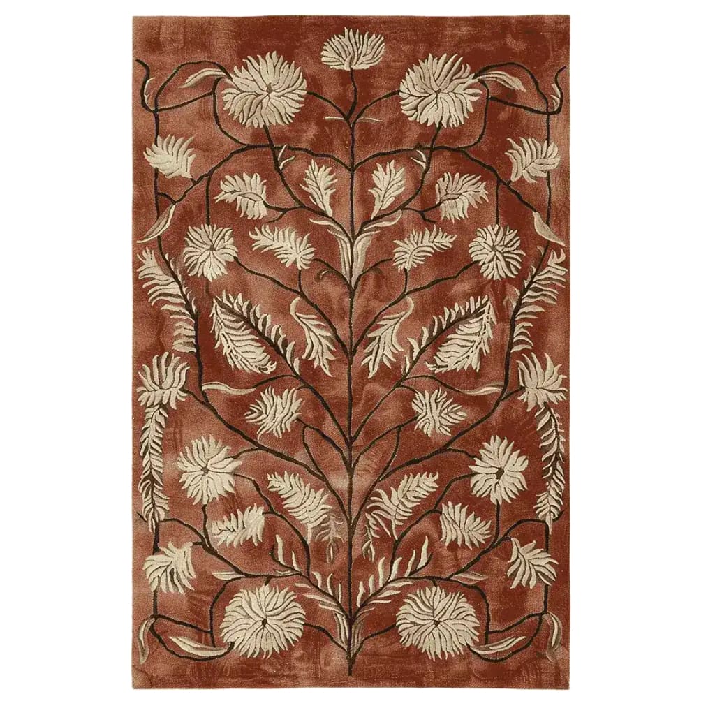 A beautifully designed Rustic Meadow Hand Tufted Area Rug featuring an intricate floral pattern on a warm brown background. Perfect for adding a touch of elegance to living room area rugs, this wool rug captures a vintage rug aesthetic ideal for any area rugs for living room setup.