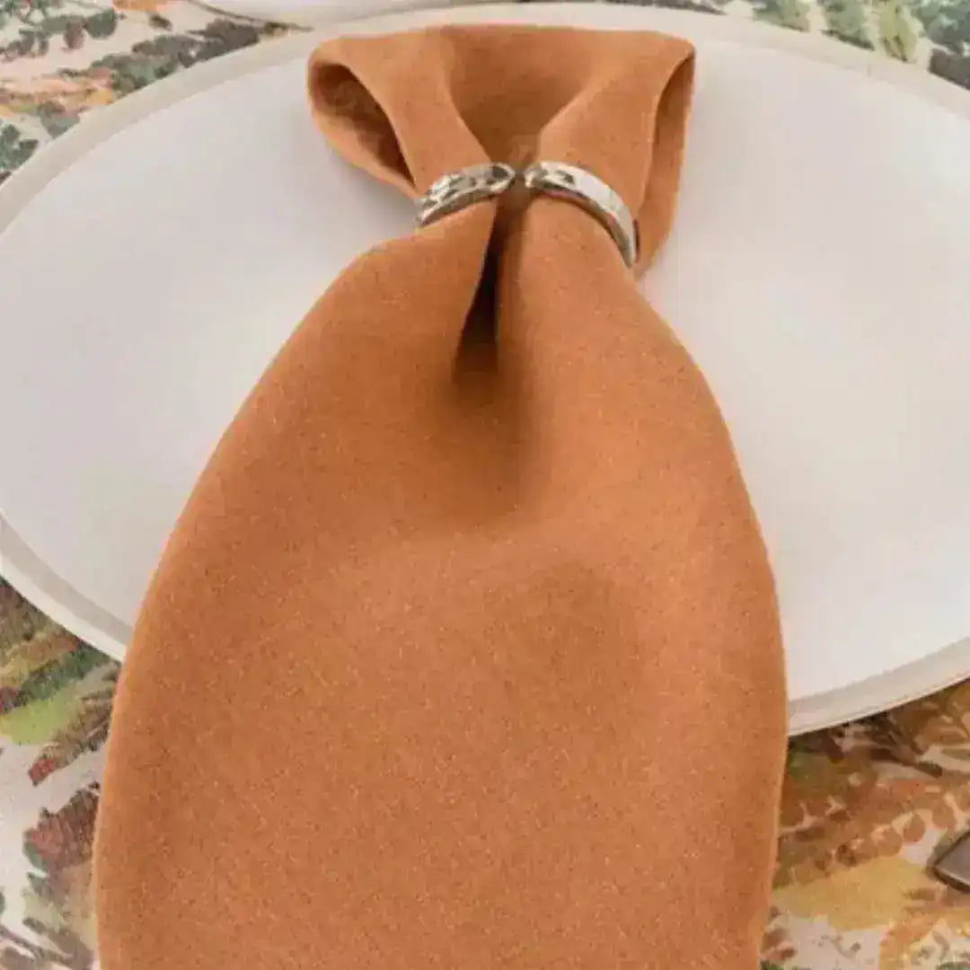 Rustic rust fabric pleated through silver napkin ring on white plate close-up, botanical tablecloth background