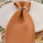 Rustic rust fabric pleated through silver napkin ring on white plate close-up, botanical tablecloth background