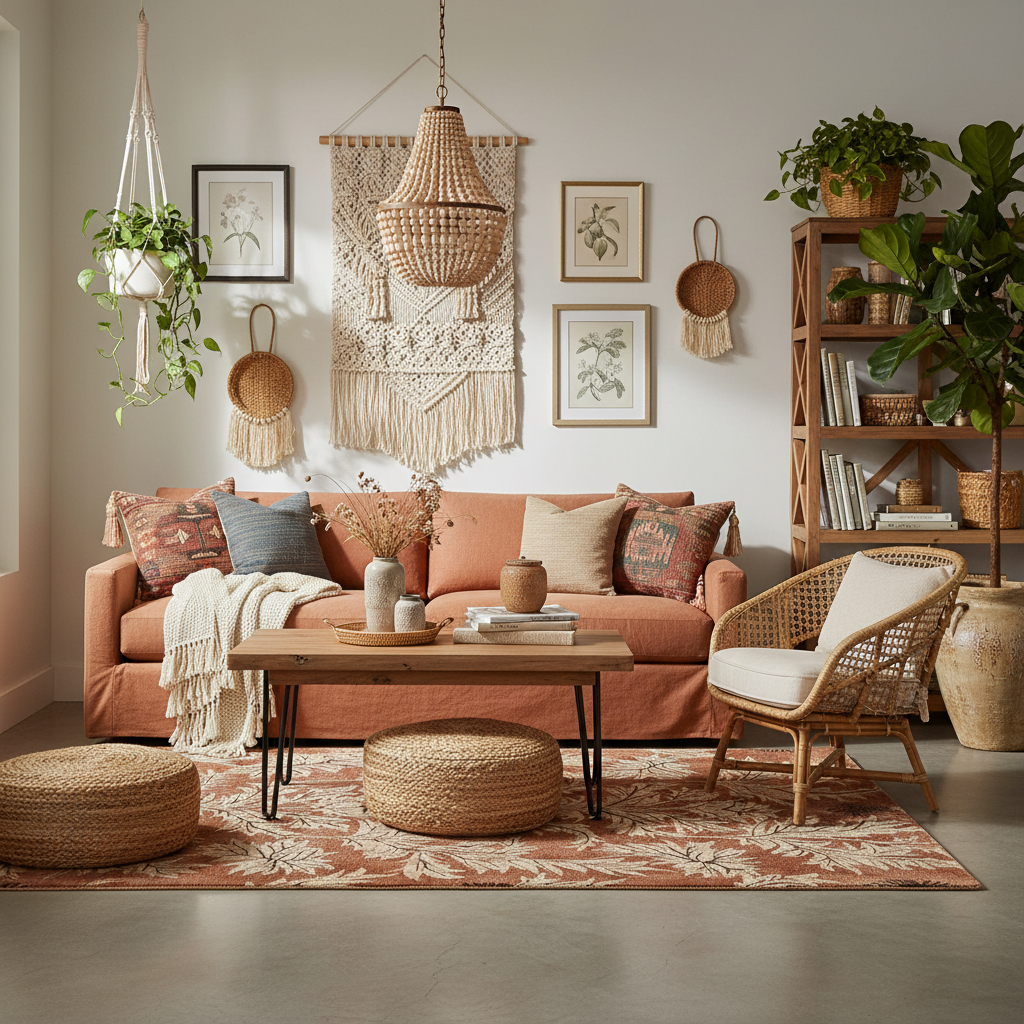 Cozy living room with a pink sofa, floral wool rug, wicker chair, and decorative elements.