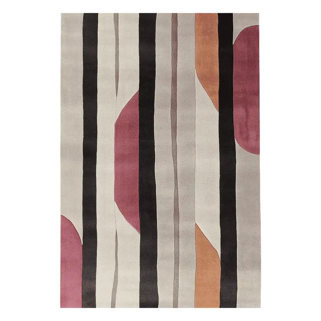 This contemporary wool area rug features a modern abstract design with bold black and earth-toned stripes interspersed with warm red and orange semicircles. Perfect for adding a stylish touch to any living room, the hand-tufted rug combines elegance with comfort, making it an ideal choice for area rugs for living room spaces.