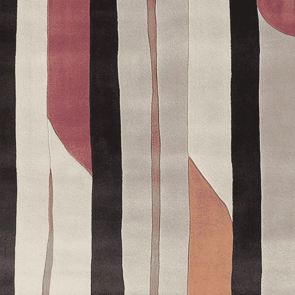 A contemporary area rug featuring a hand-tufted design with abstract patterns in shades of black, red, and beige. This wool rug is perfect for adding a modern touch to living room spaces, offering both style and comfort.