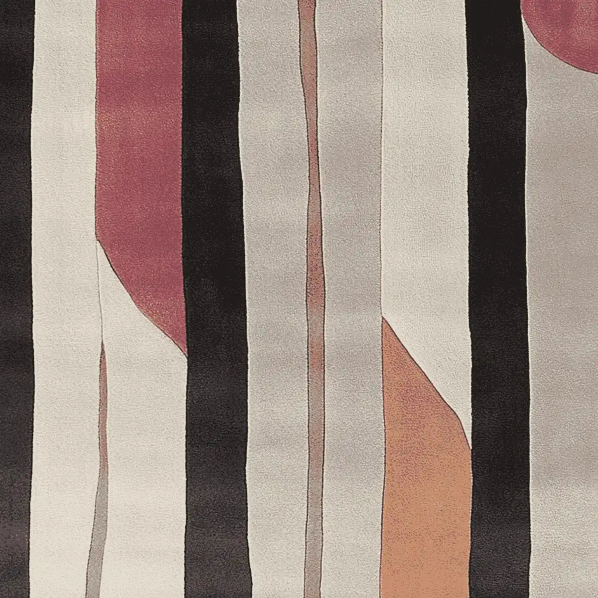 A contemporary area rug featuring a hand-tufted design with abstract patterns in shades of black, red, and beige. This wool rug is perfect for adding a modern touch to living room spaces, offering both style and comfort.