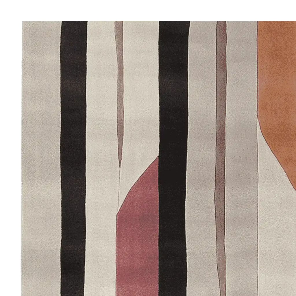 Contemporary area rug featuring bold, abstract stripes in black, white, and earthy tones. This hand-tufted wool rug adds a modern touch to any living room, perfect for those seeking stylish area rugs for living spaces.