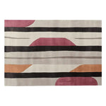 Stylish area rug with a contemporary design featuring abstract patterns in shades of pink, black, and tan. This wool rug is perfect for adding a modern touch to living room spaces, offering both comfort and style.