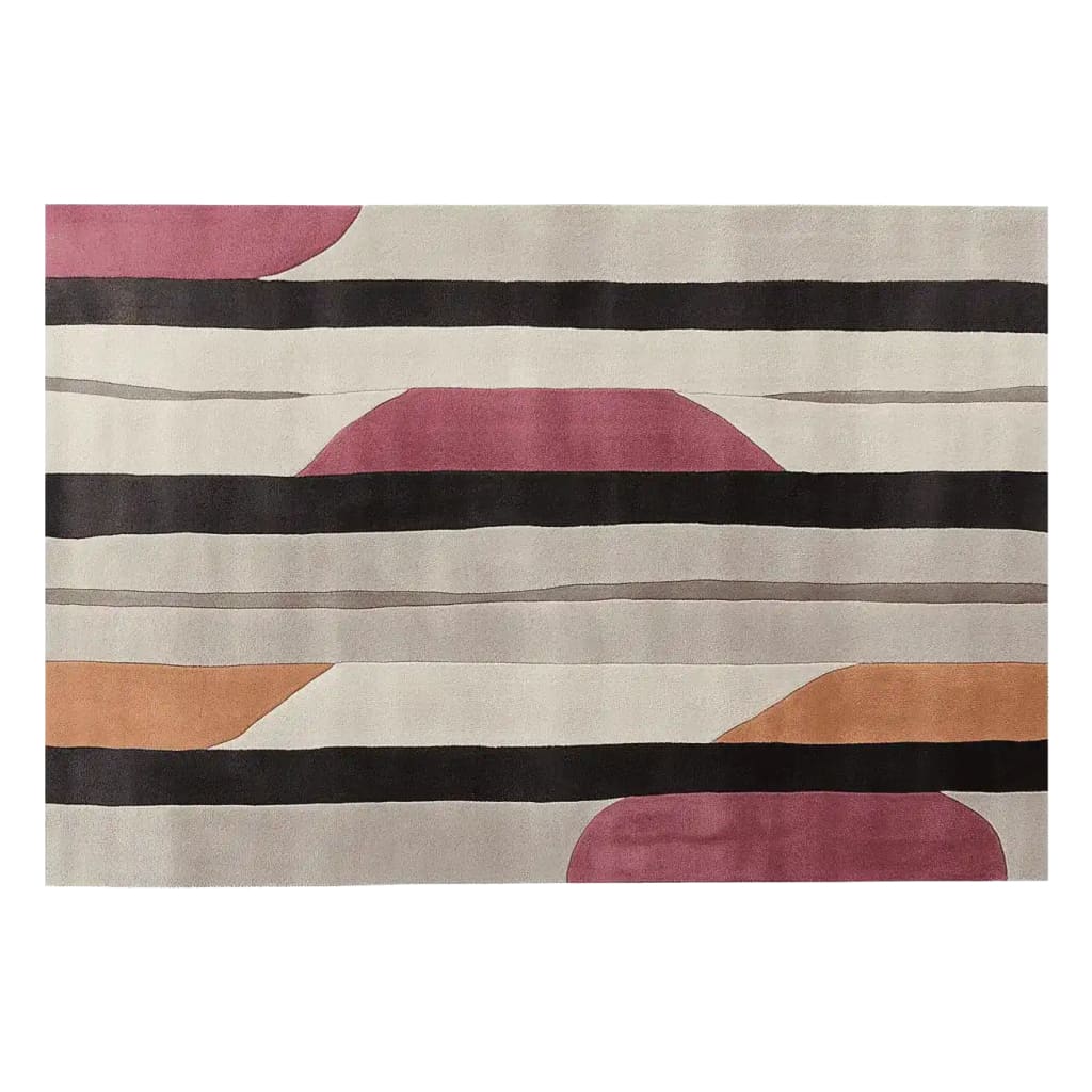 Stylish area rug with a contemporary design featuring abstract patterns in shades of pink, black, and tan. This wool rug is perfect for adding a modern touch to living room spaces, offering both comfort and style.