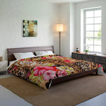 Animal-print and pink-floral comforter dressing a wooden bed in a bright white-brick bedroom with a floor lamp