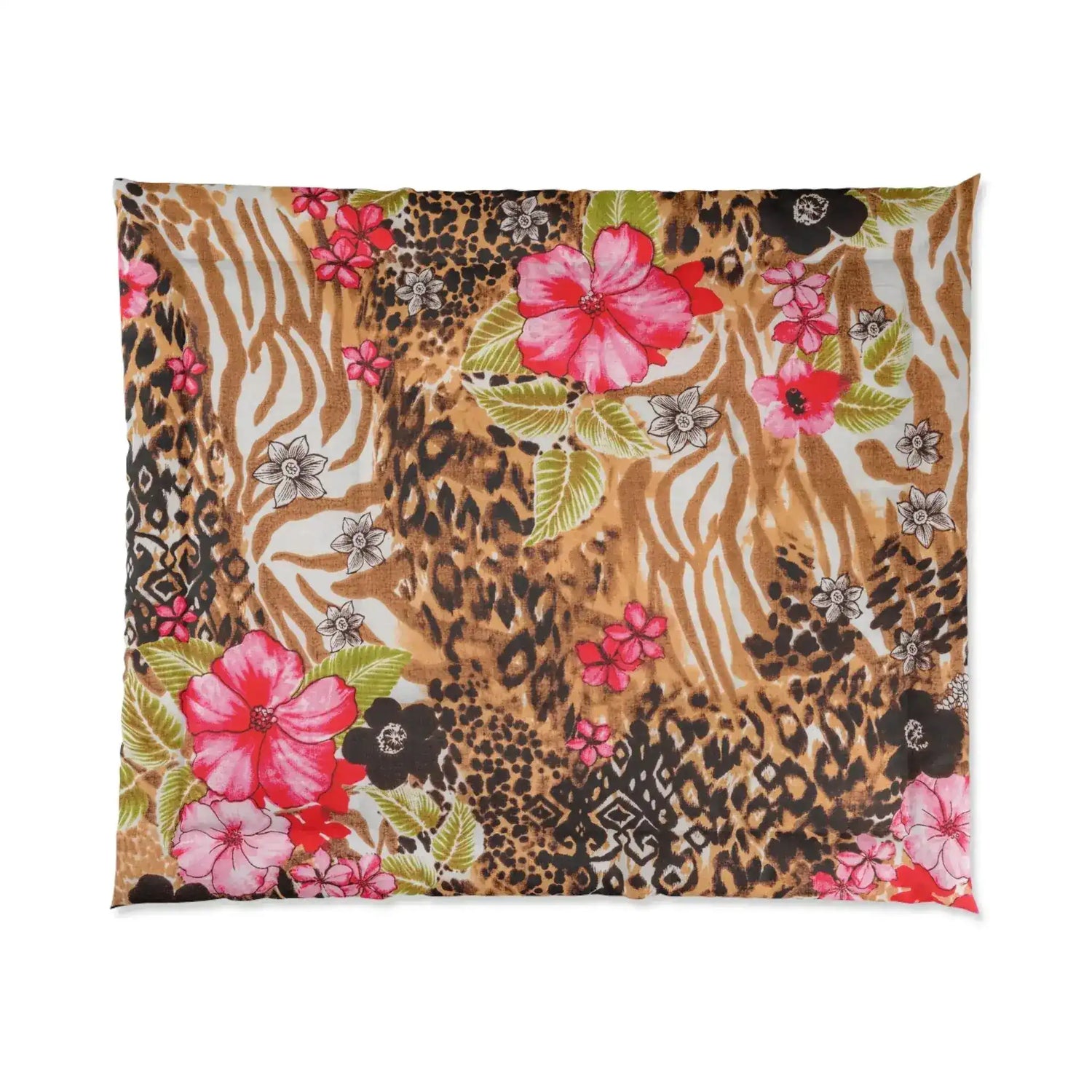 King comforter blending leopard and zebra animal print with pink hibiscus blooms and green leaves