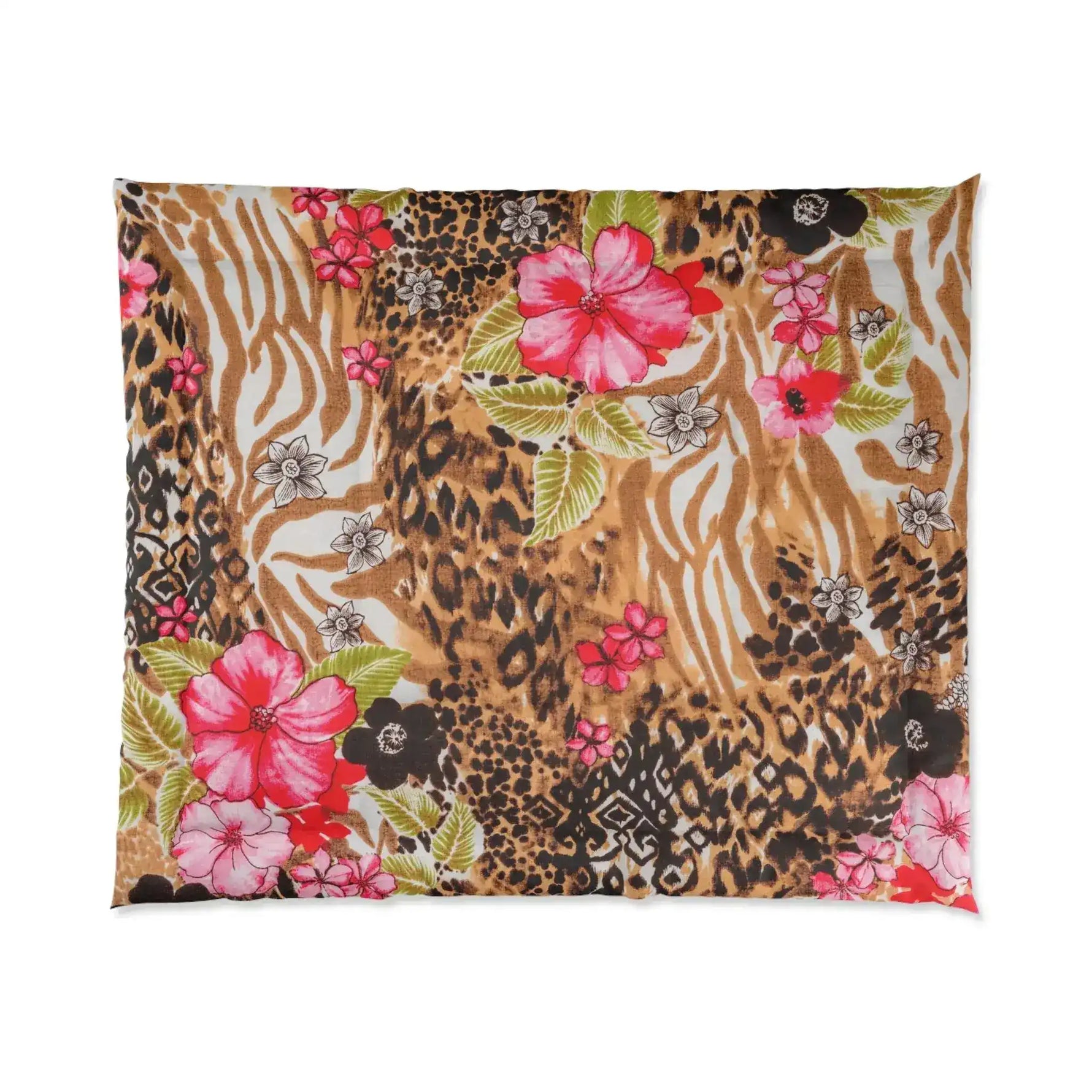 King comforter blending leopard and zebra animal print with pink hibiscus blooms and green leaves