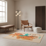 A rectangular area rug with a colorful illustration of a tiger and rider, styled in a modern minimalist living room with a wooden chair, floor lamp, and bench.