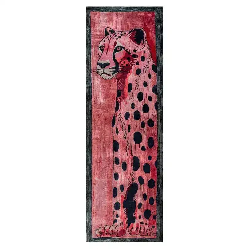 Safari Streak Hand Tufted Wool Runner Rug featuring a bold cheetah design on a vibrant red background. Perfect for adding a touch of wild elegance to your space, this area rug is ideal for hallways, living rooms, or as a kitchen runner. Made from high-quality wool, it complements contemporary decor while providing warmth and style.