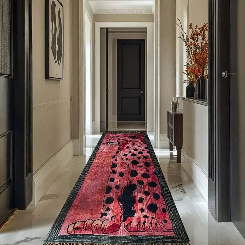 A stylish hallway featuring a Safari Streak Hand Tufted Wool Runner Rug with an abstract animal pattern in vibrant colors. This contemporary area rug adds a touch of elegance and modern design, making it a perfect choice for kitchen rugs, hallway runner rugs, or large living room rugs. Its wool construction ensures durability, ideal for use as a kitchen runner rug, bathroom runner rug, or as a statement piece in the living room.