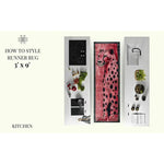 Top view of a Safari Streak Hand Tufted Wool Runner Rug featuring an abstract tiger design in bold colors, placed in a contemporary kitchen setting. Perfect as a hallway runner rug or as a statement piece among kitchen rugs, this area rug adds a touch of modern elegance to any space, whether it's a large living room or a cozy bathroom runner rug.