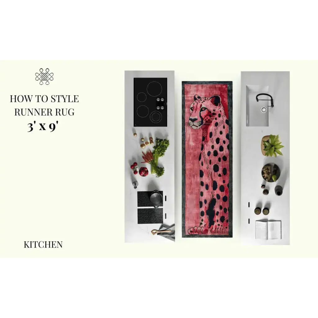 Top view of a Safari Streak Hand Tufted Wool Runner Rug featuring an abstract tiger design in bold colors, placed in a contemporary kitchen setting. Perfect as a hallway runner rug or as a statement piece among kitchen rugs, this area rug adds a touch of modern elegance to any space, whether it's a large living room or a cozy bathroom runner rug.