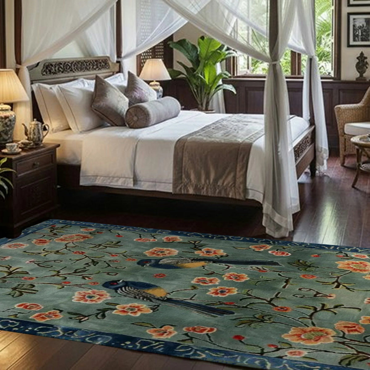 Sage green rug with perched birds and coral blossoms beside a canopy bed in a tropical room