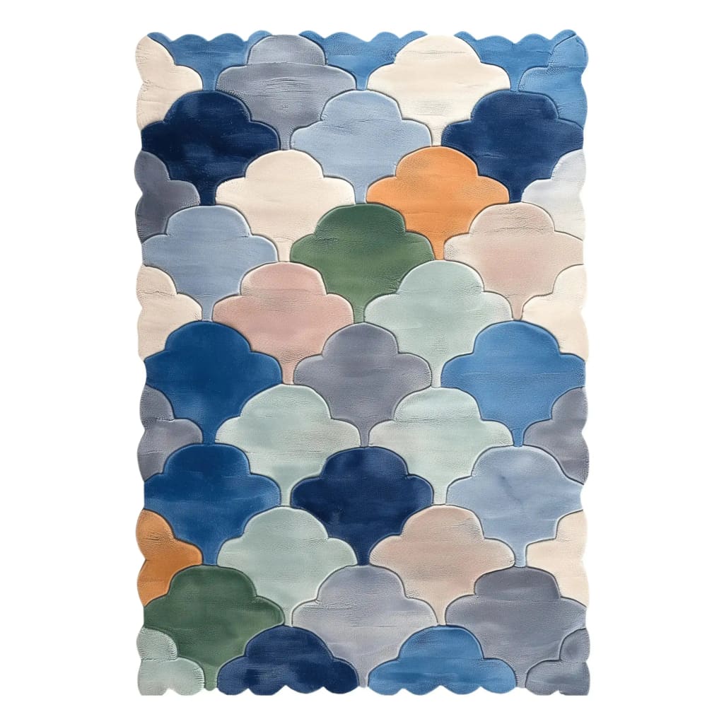 Top view of the Sahara Spectrum Hand Tufted Rug, showcasing a colorful, scalloped pattern in shades of blue, green, orange, and cream. This contemporary wool area rug is perfect for enhancing the aesthetics of a dining room or living room, adding a touch of elegance to formal dining settings.