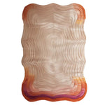 Top view of the Sahara Sunrise Hand Tufted Wool Rug, featuring an abstract wave pattern in warm tones. This large area rug is perfect for adding a contemporary touch to living rooms, measuring 8x10 and crafted from high-quality wool.