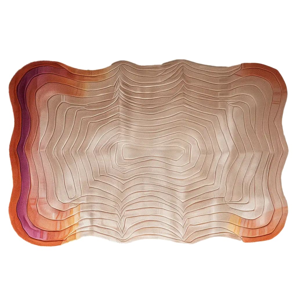 Top view of the Sahara Sunrise Hand Tufted Wool Rug, showcasing its wavy, abstract pattern with warm tones of orange and purple. This contemporary area rug is perfect for adding a touch of modern elegance to any living room. Ideal as a large 8x10 wool rug for a cozy and stylish space.